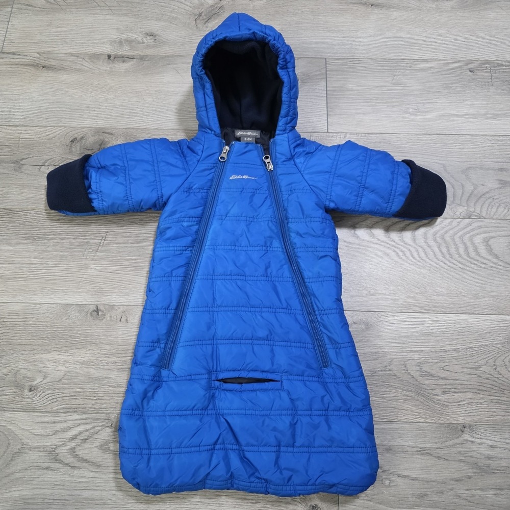 Eddie Bauer Baby Snowsuit Bunting 3-6 Months Sherpa Lined Hooded Blue One Piece